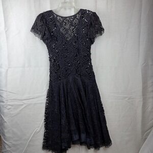 VTG Michael Marcella Dress Womens 6 Black Lace‎ Sequin Short Sleeve Flare Party